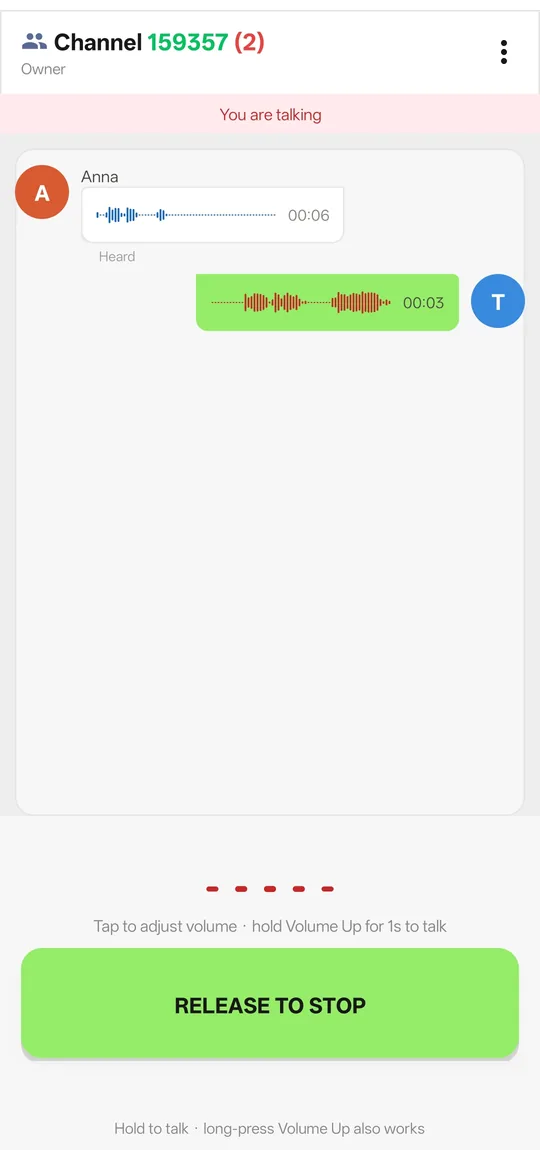 Two members talking in a BP Talk channel with voice messages